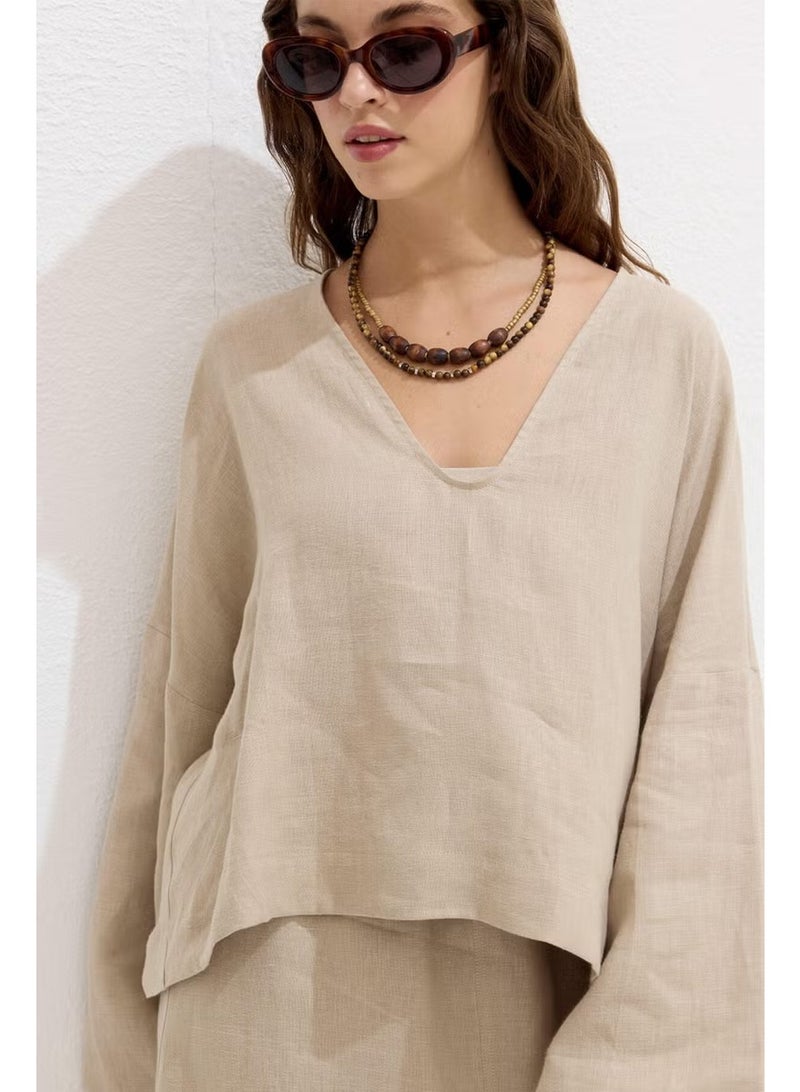 Manuka Premium V-Neck Linen Blouse Sand - Image 4